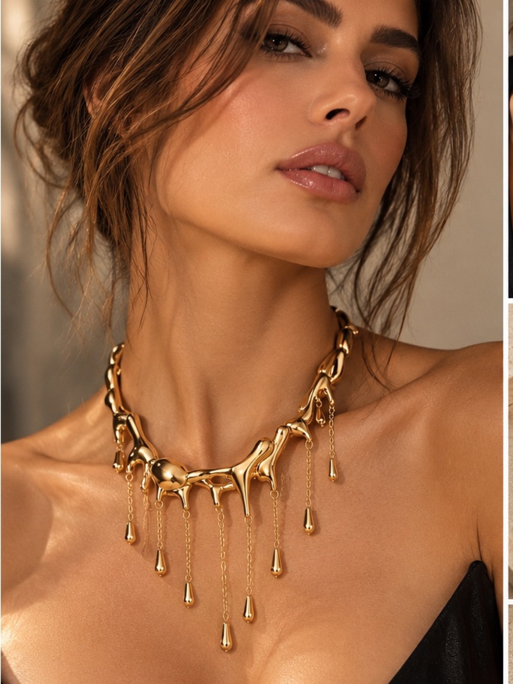 Gold Molten Drip Statement Necklace Sculptural Tassel Choker Runway Jewelry